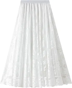 Women High Waist Pleated A-Line Lace Midi Skirt Double Layers Party Skirt
