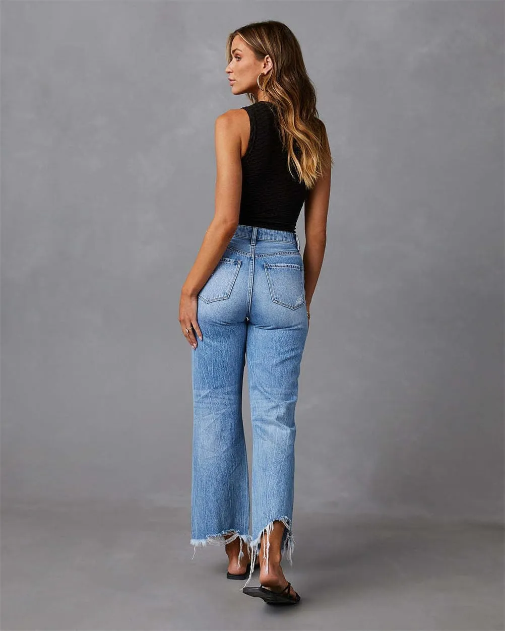 Women High Waist Ripped Jeans Baggy Pants,Wide Leg Tassel Washed Straight Casual Trousers,High Waisted Jeans