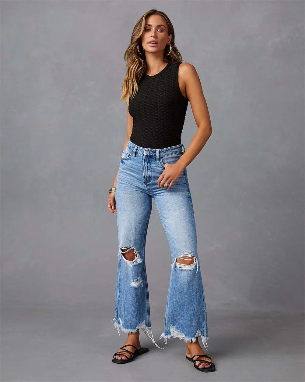 Women High Waist Ripped Jeans Baggy Pants,Wide Leg Tassel Washed Straight Casual Trousers,High Waisted Jeans