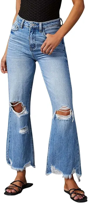 Women High Waist Ripped Jeans Baggy Pants,Wide Leg Tassel Washed Straight Casual Trousers,High Waisted Jeans