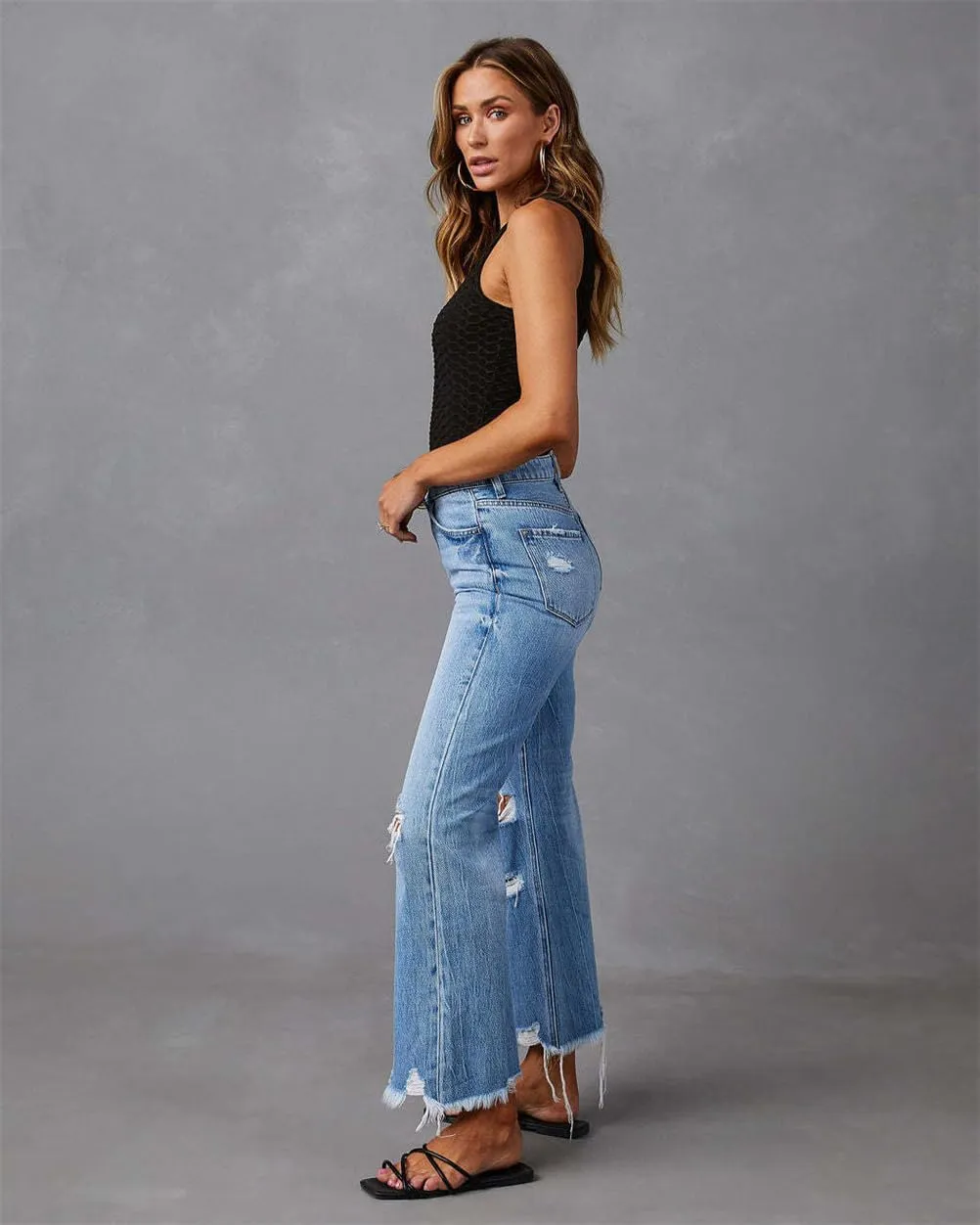 Women High Waist Ripped Jeans Baggy Pants,Wide Leg Tassel Washed Straight Casual Trousers,High Waisted Jeans