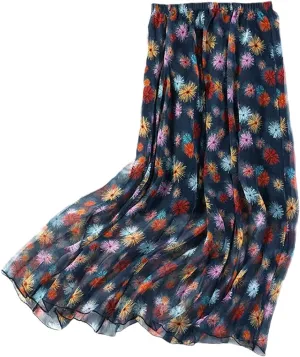 Women Mulberry Silk Printed Skirt Two-Layers Pleated Midi Skirt Summer Beach Skirt