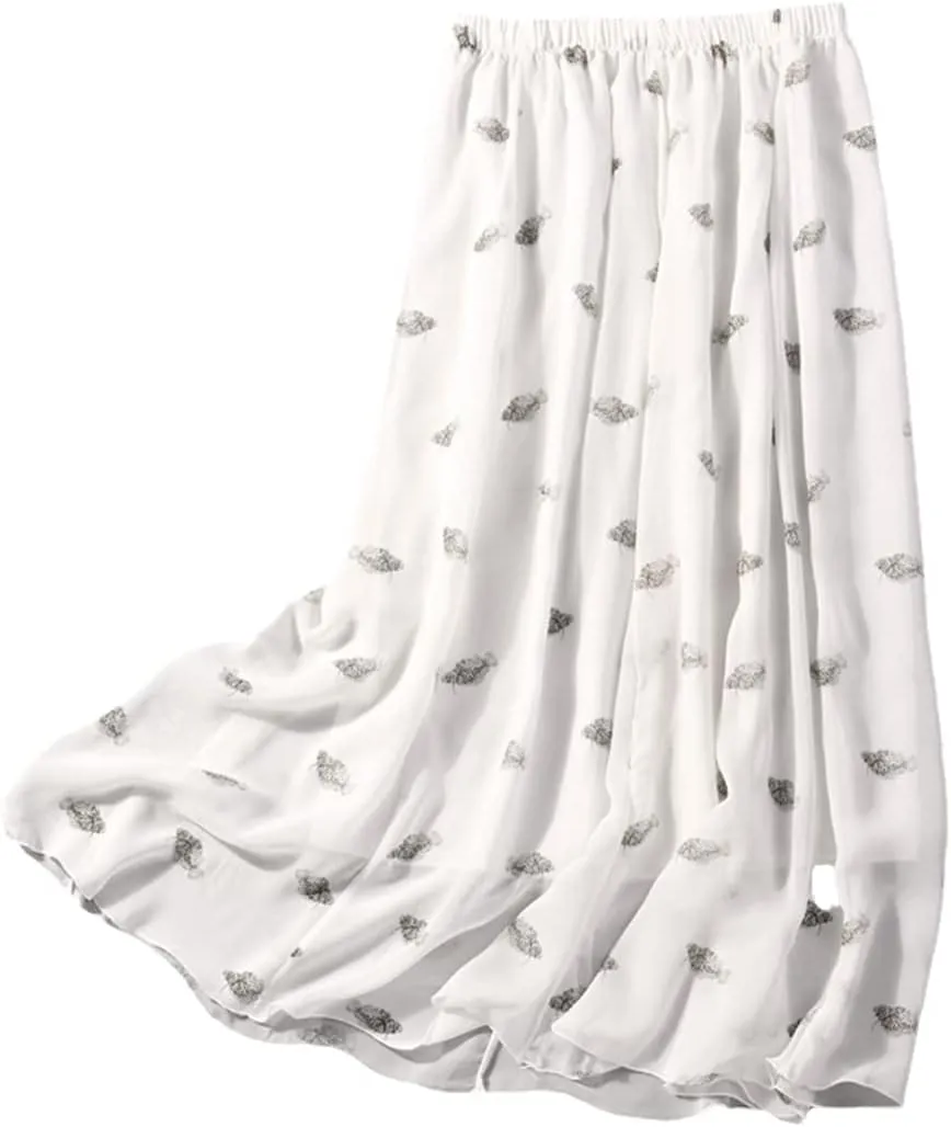 Women Mulberry Silk Printed Skirt Two-Layers Pleated Midi Skirt Summer Beach Skirt