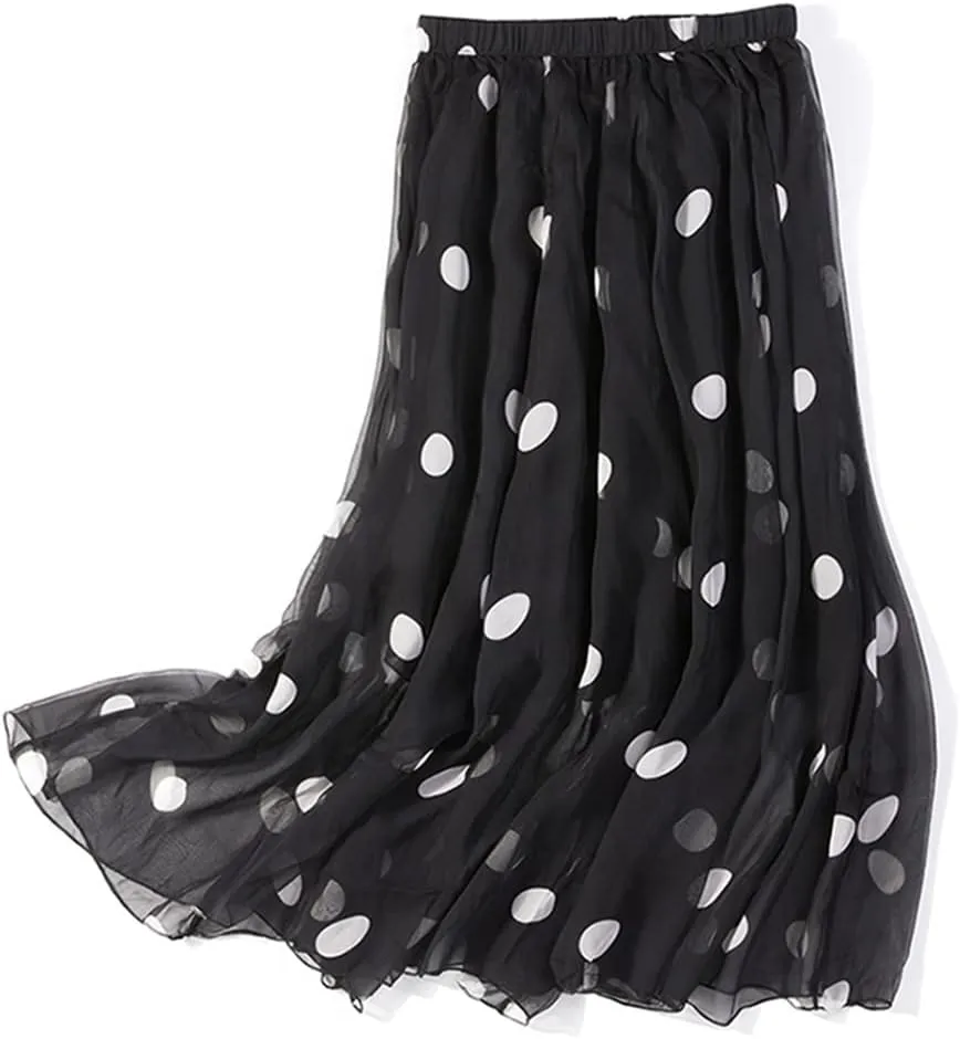 Women Mulberry Silk Printed Skirt Two-Layers Pleated Midi Skirt Summer Beach Skirt