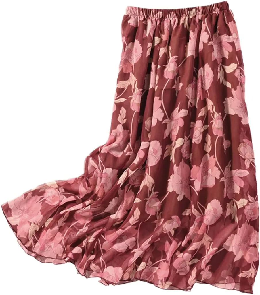 Women Mulberry Silk Printed Skirt Two-Layers Pleated Midi Skirt Summer Beach Skirt