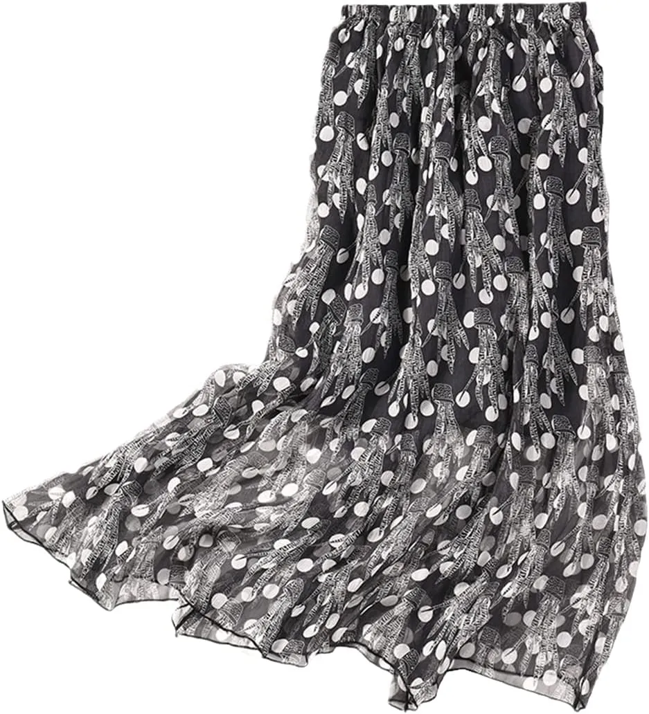 Women Mulberry Silk Printed Skirt Two-Layers Pleated Midi Skirt Summer Beach Skirt