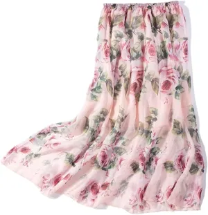 Women Mulberry Silk Printed Skirt Two-Layers Pleated Midi Skirt Summer Beach Skirt