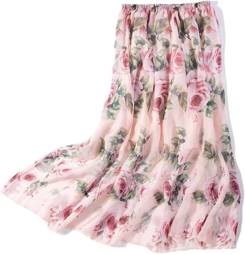 Women Mulberry Silk Printed Skirt Two-Layers Pleated Midi Skirt Summer Beach Skirt