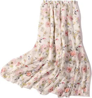 Women Mulberry Silk Printed Skirt Two-Layers Pleated Midi Skirt Summer Beach Skirt