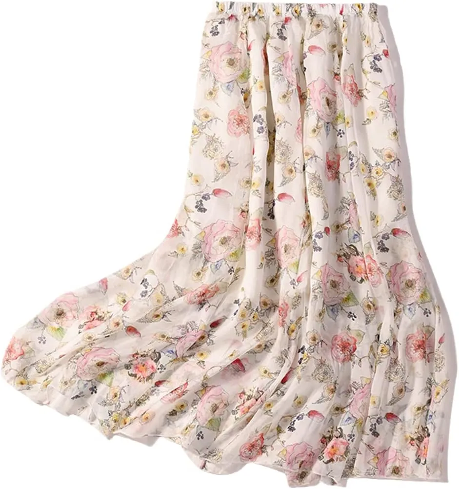 Women Mulberry Silk Printed Skirt Two-Layers Pleated Midi Skirt Summer Beach Skirt