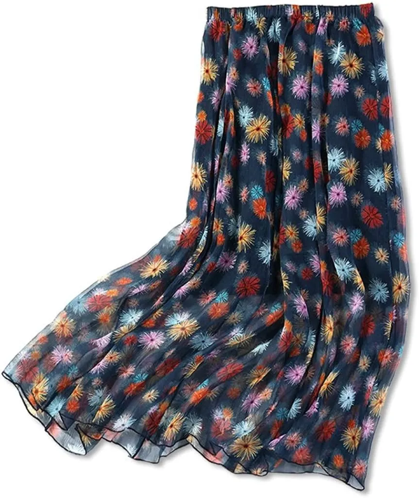 Women Mulberry Silk Printed Skirt Two-Layers Pleated Midi Skirt Summer Beach Skirt
