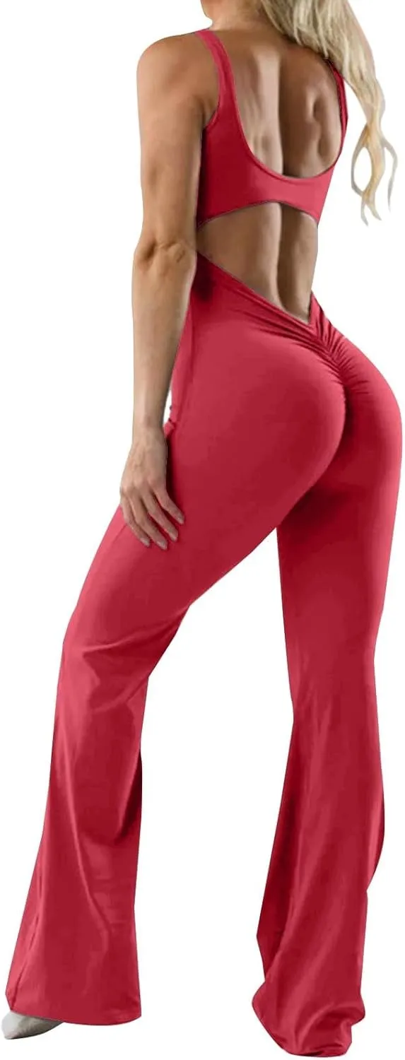 Women One Piece Jumpsuits Flare Jumpsuit with Bra Tummy Control Romper Workout Outfit Sleeveless Backless Bodysuit