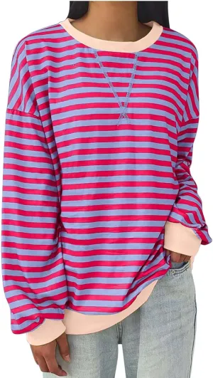 Women Oversized Sweatshirt Striped Color Block Long Sleeve Pullover Tops Vintage Crewneck Shirts Casual Loose Sweater