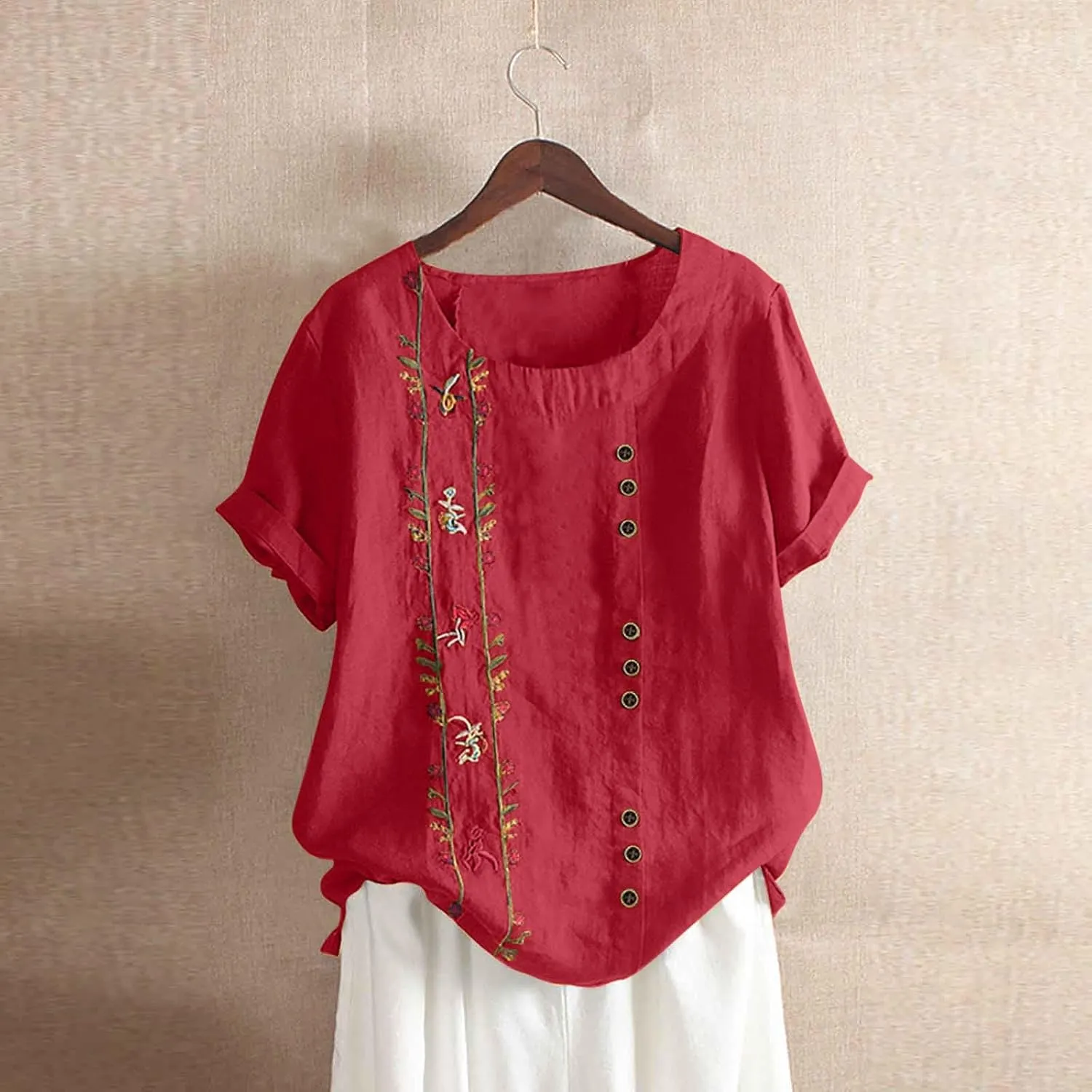 Women Short Sleeve Linen Shirts 2024 Trendy Crewneck Flower Printed Tees Blouse Casual Comfy Cotton Summer Tops