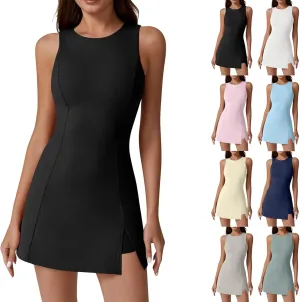 Women Tennis Dress Crew Neck Sleeveless Athletic Dresses with Built in Shorts Side Slit Workout Dresses with Pockets