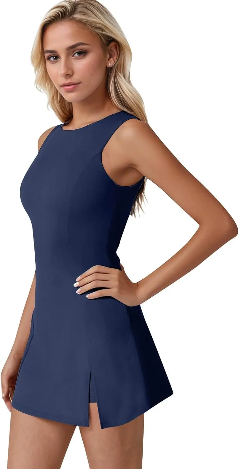 Women Tennis Dress Crew Neck Sleeveless Athletic Dresses with Built in Shorts Side Slit Workout Dresses with Pockets