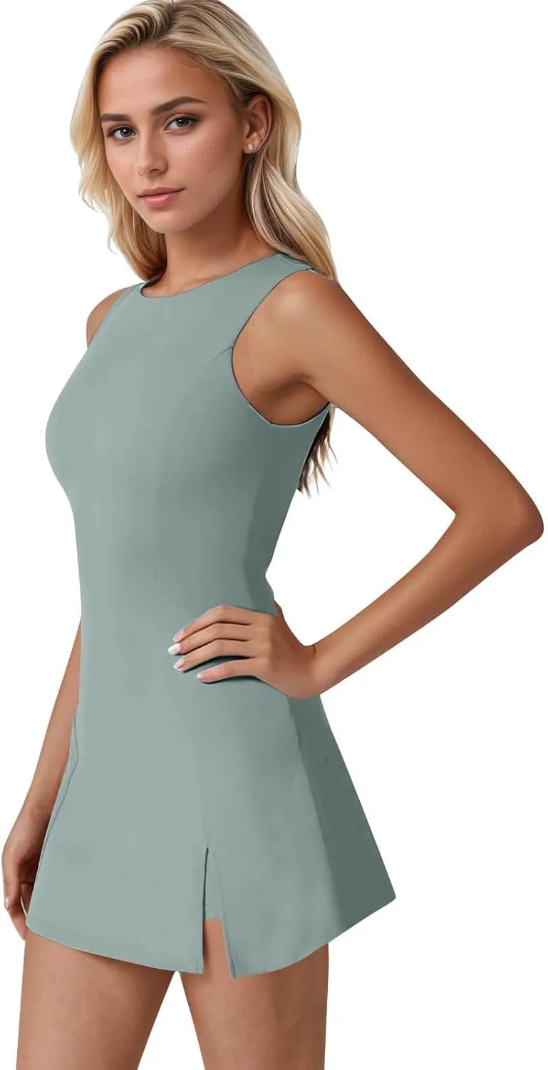 Women Tennis Dress Crew Neck Sleeveless Athletic Dresses with Built in Shorts Side Slit Workout Dresses with Pockets