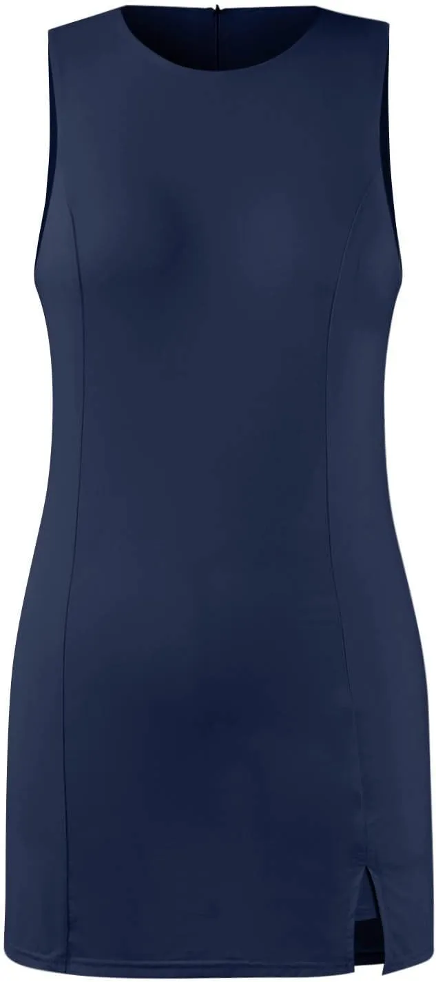 Women Tennis Dress Crew Neck Sleeveless Athletic Dresses with Built in Shorts Side Slit Workout Dresses with Pockets