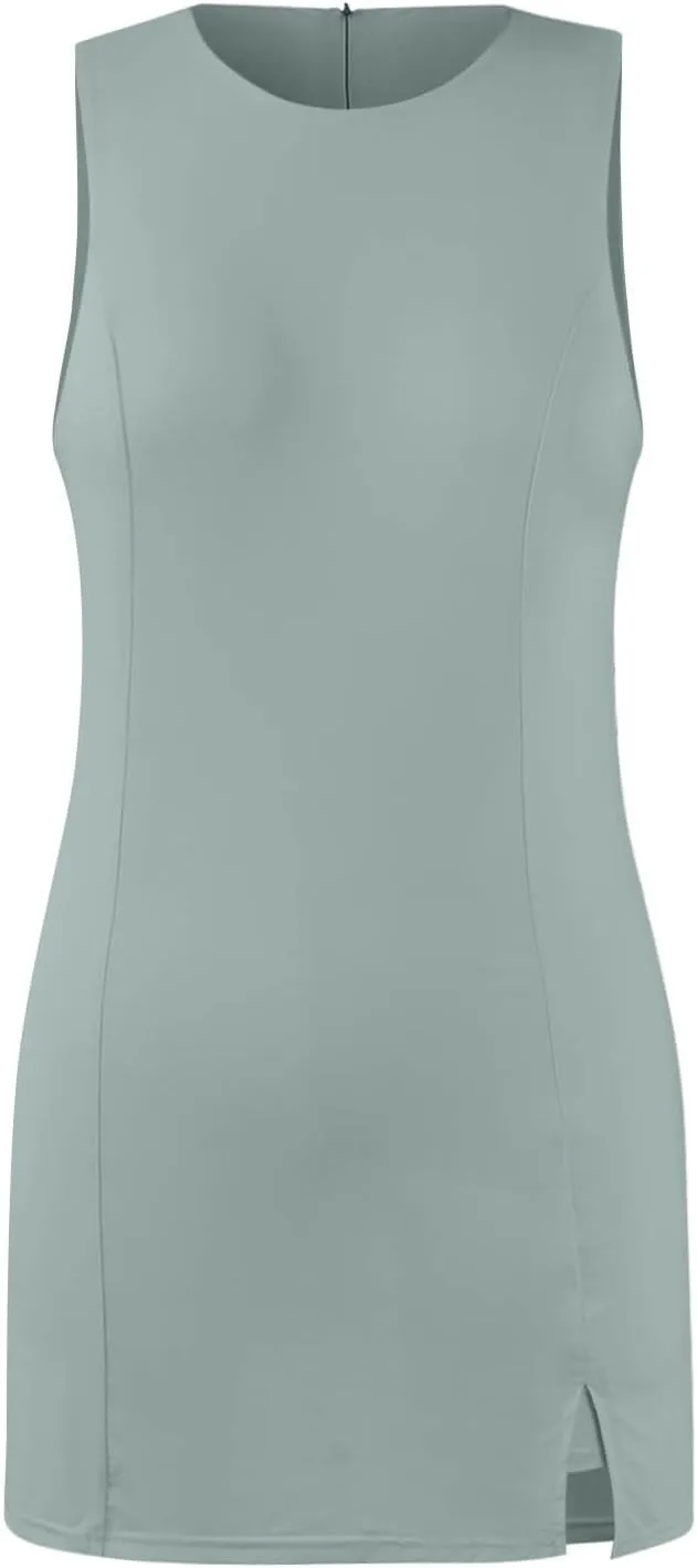 Women Tennis Dress Crew Neck Sleeveless Athletic Dresses with Built in Shorts Side Slit Workout Dresses with Pockets