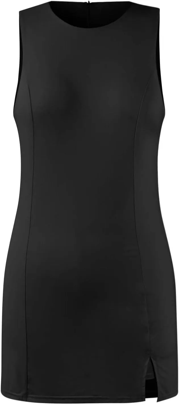 Women Tennis Dress Crew Neck Sleeveless Athletic Dresses with Built in Shorts Side Slit Workout Dresses with Pockets