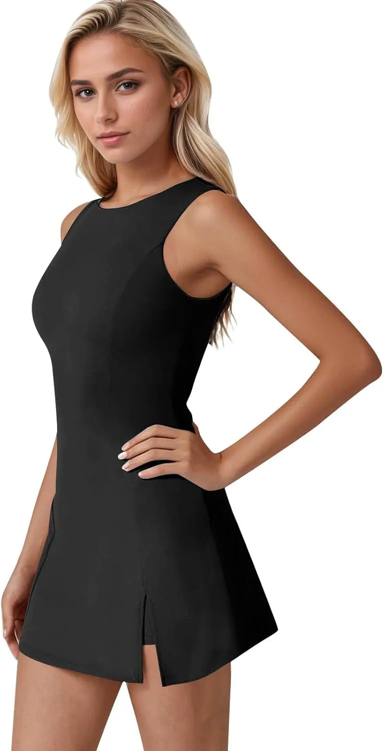 Women Tennis Dress Crew Neck Sleeveless Athletic Dresses with Built in Shorts Side Slit Workout Dresses with Pockets