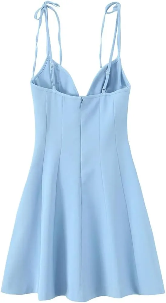 Women V-Neck Sleeveless Mini Dress Solid Spaghetti Strap A-Line Back Zipper Causal Dresses