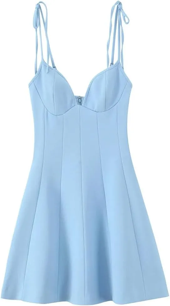Women V-Neck Sleeveless Mini Dress Solid Spaghetti Strap A-Line Back Zipper Causal Dresses