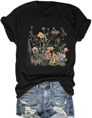 Women Wildflower T Shirts Vintage Boho Floral Shirt Cute Graphic Tees Vintage Short Sleeve Tops