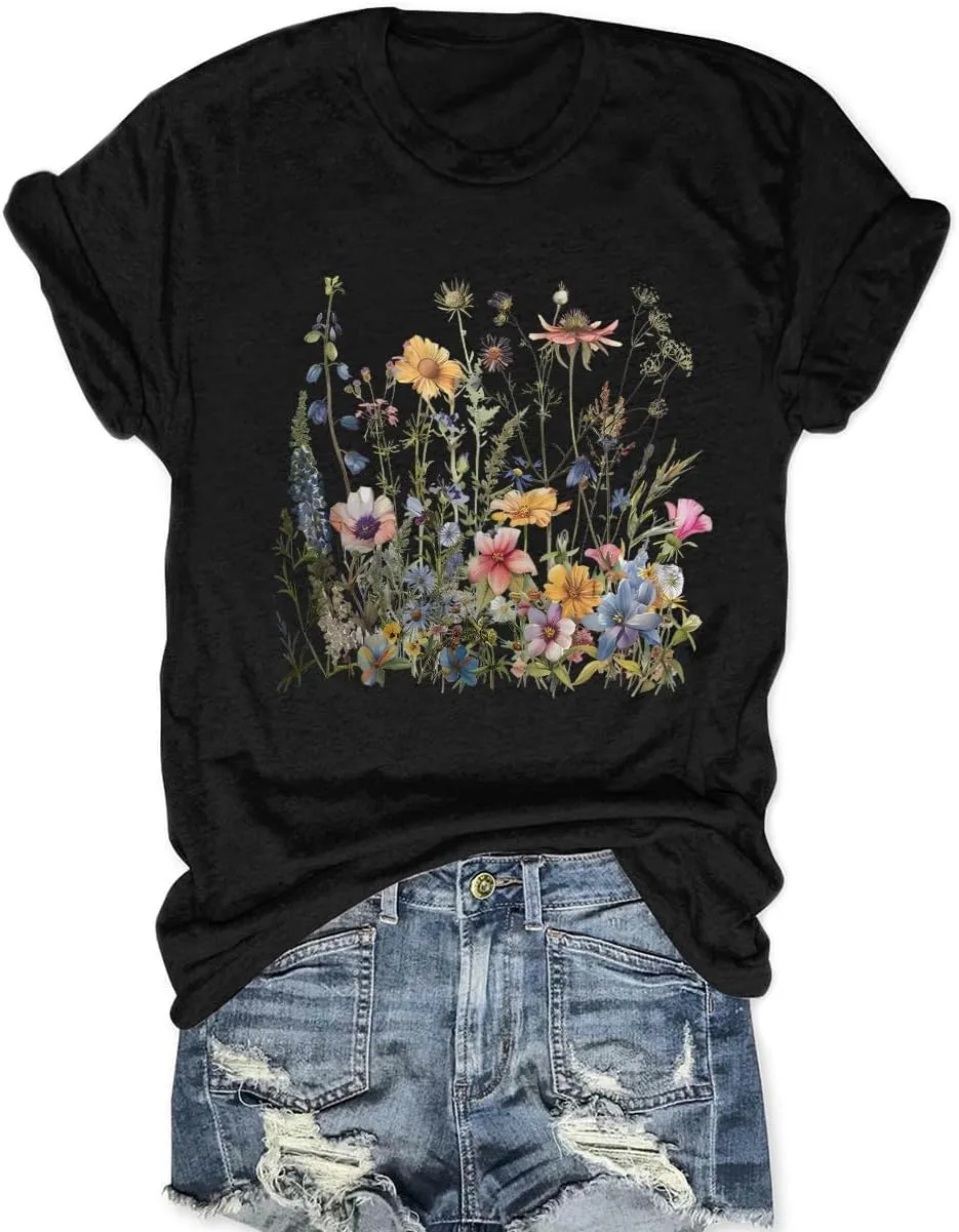 Women Wildflower T Shirts Vintage Boho Floral Shirt Cute Graphic Tees Vintage Short Sleeve Tops
