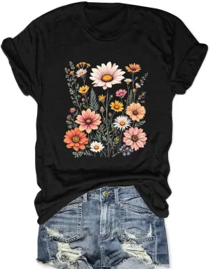 Women Wildflower T Shirts Vintage Boho Floral Shirt Cute Graphic Tees Vintage Short Sleeve Tops