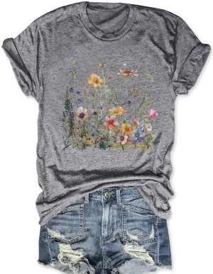 Women Wildflower T Shirts Vintage Boho Floral Shirt Cute Graphic Tees Vintage Short Sleeve Tops