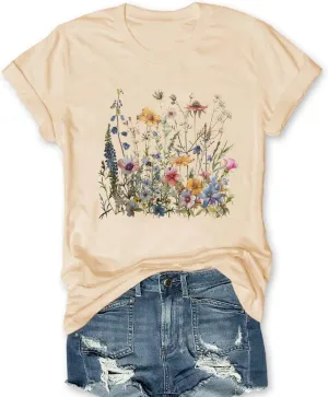Women Wildflower T Shirts Vintage Boho Floral Shirt Cute Graphic Tees Vintage Short Sleeve Tops