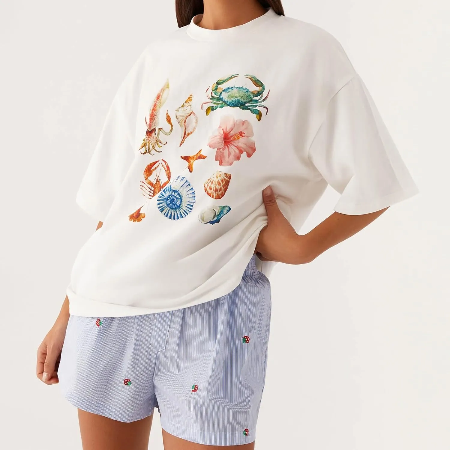 Women Y2k Oversized Graphic T Shirt Teen Girl Preppy Floral Print Short Sleeve Loose Fit Tees Aesthetic Baggy Top