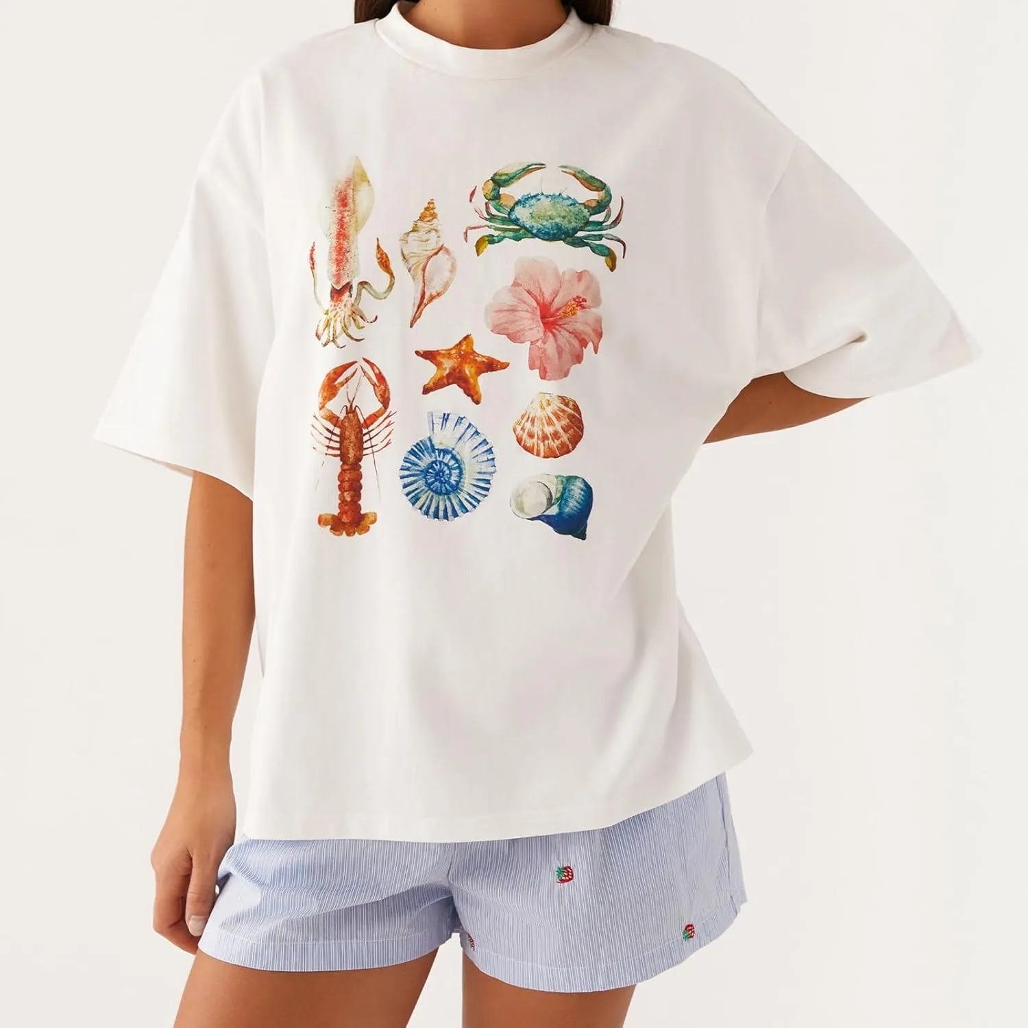 Women Y2k Oversized Graphic T Shirt Teen Girl Preppy Floral Print Short Sleeve Loose Fit Tees Aesthetic Baggy Top
