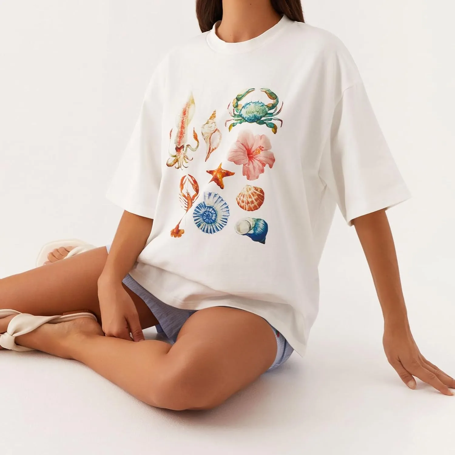 Women Y2k Oversized Graphic T Shirt Teen Girl Preppy Floral Print Short Sleeve Loose Fit Tees Aesthetic Baggy Top