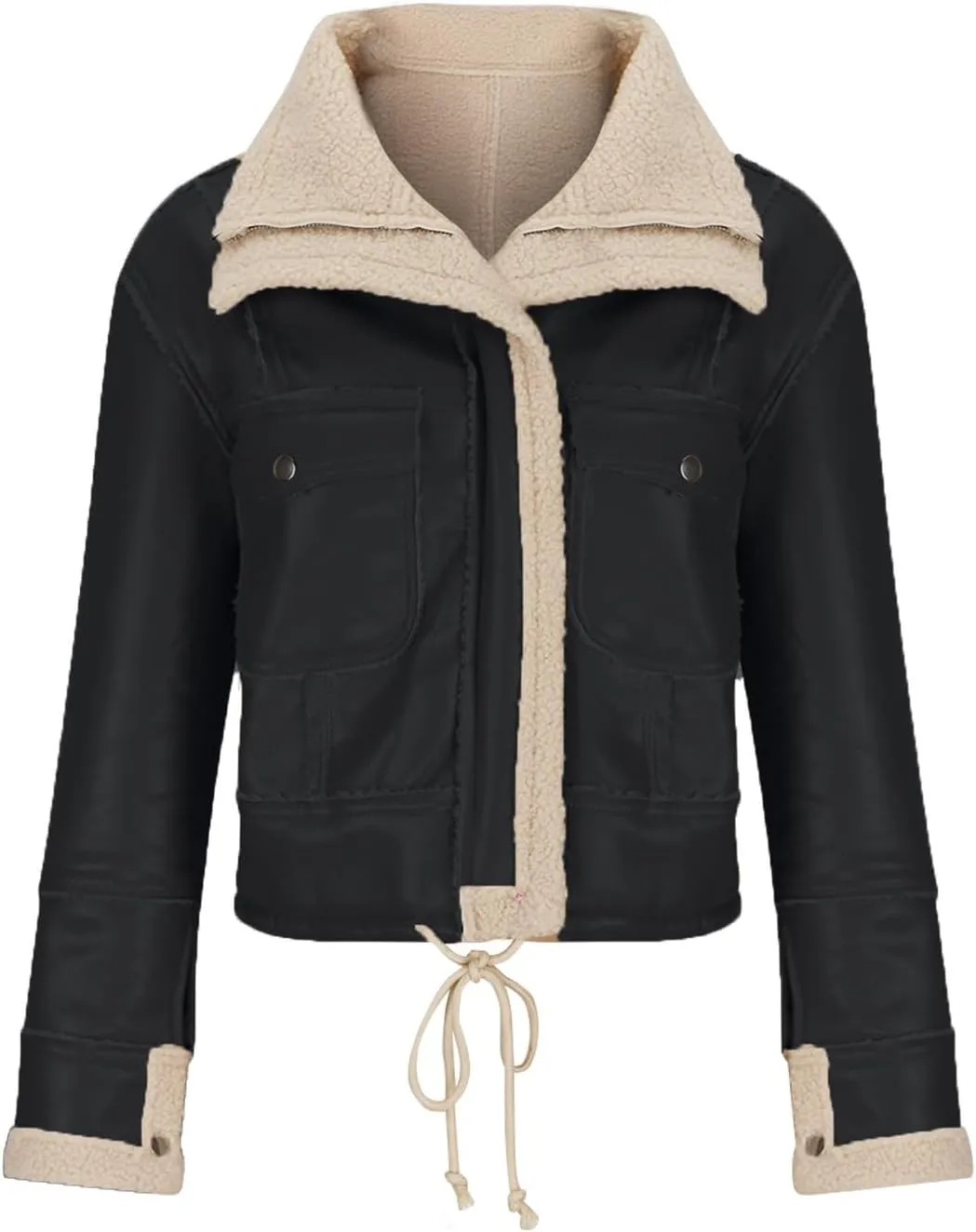 Womens 2023 Fashion Winter Coat Faux Leather Jackets Thicken Fleece Lined Lapel Cropped Moto Biker Casual Short Jacket