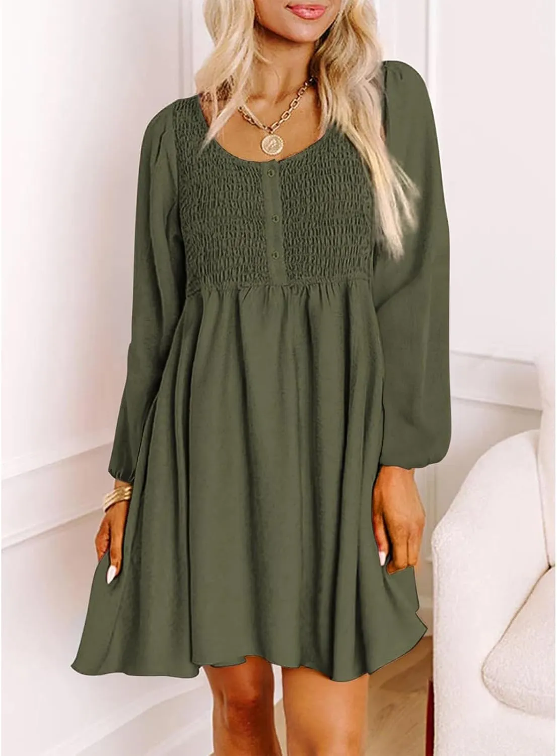 Womens 2024 Casual Dress Smocked Crewneck Button Up Long Sleeve Dresses Pleated Ruffle Flowy A-Line Waist Mini Dress