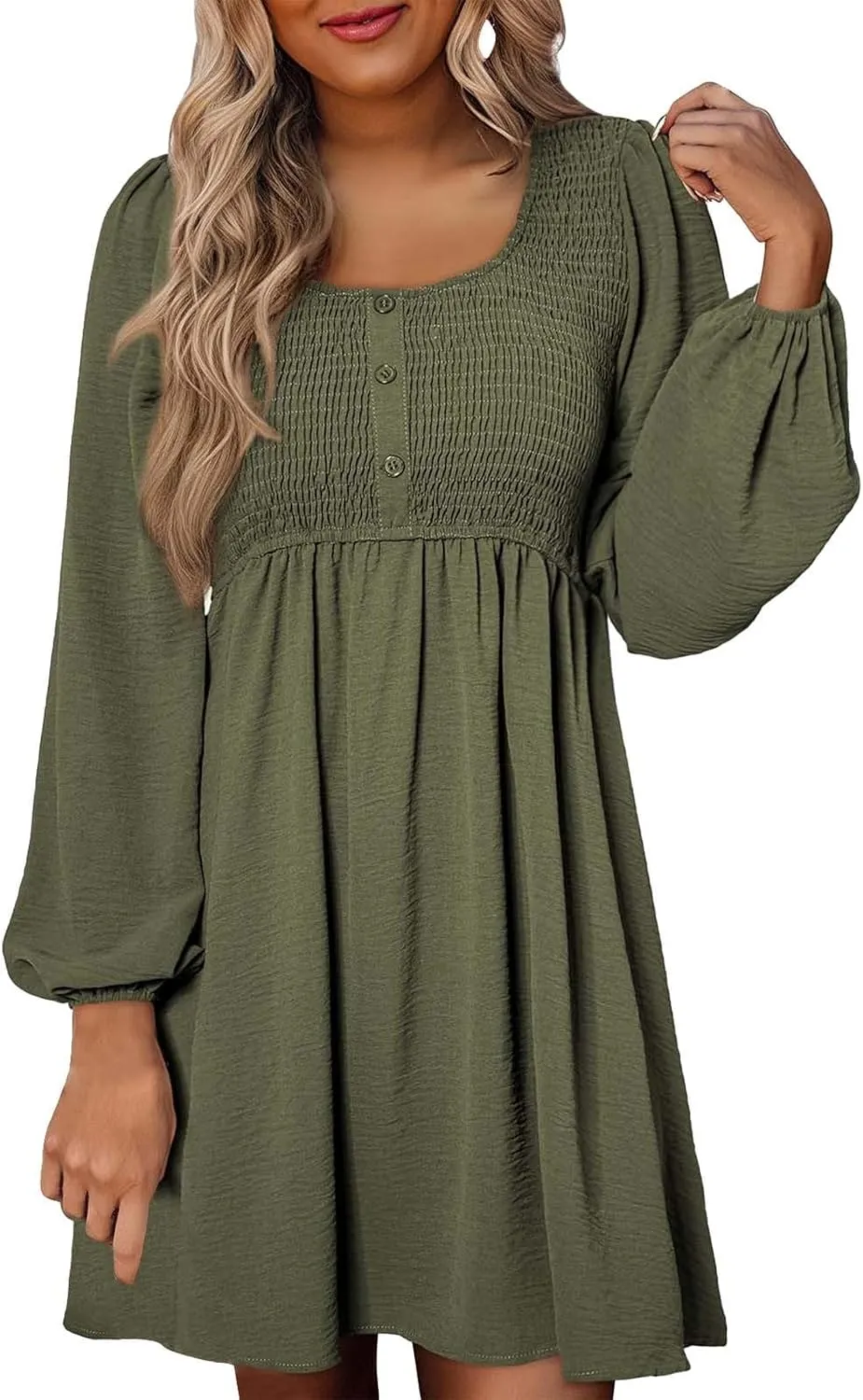 Womens 2024 Casual Dress Smocked Crewneck Button Up Long Sleeve Dresses Pleated Ruffle Flowy A-Line Waist Mini Dress