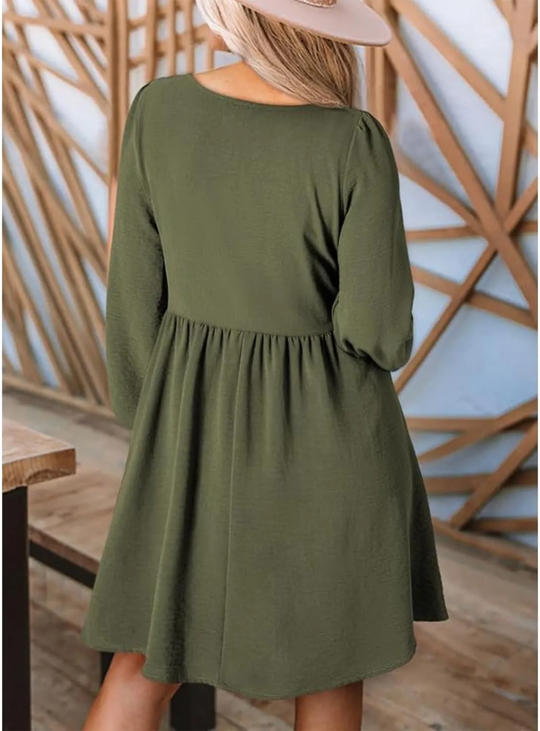 Womens 2024 Casual Dress Smocked Crewneck Button Up Long Sleeve Dresses Pleated Ruffle Flowy A-Line Waist Mini Dress