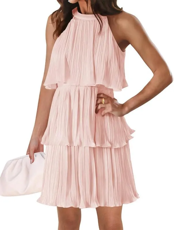 Womens 2024 Halter Sleeveless Ruffle Tiered Layered Chiffon Pleated Dresses Mock Neck A Line Swing Mini Dress