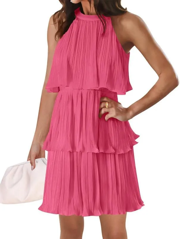 Womens 2024 Halter Sleeveless Ruffle Tiered Layered Chiffon Pleated Dresses Mock Neck A Line Swing Mini Dress