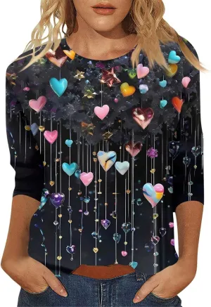 Womens 3/4 Sleeve Tops Casual Boat Neck Cute T-Shirts Loose Fit Pink Floral Print