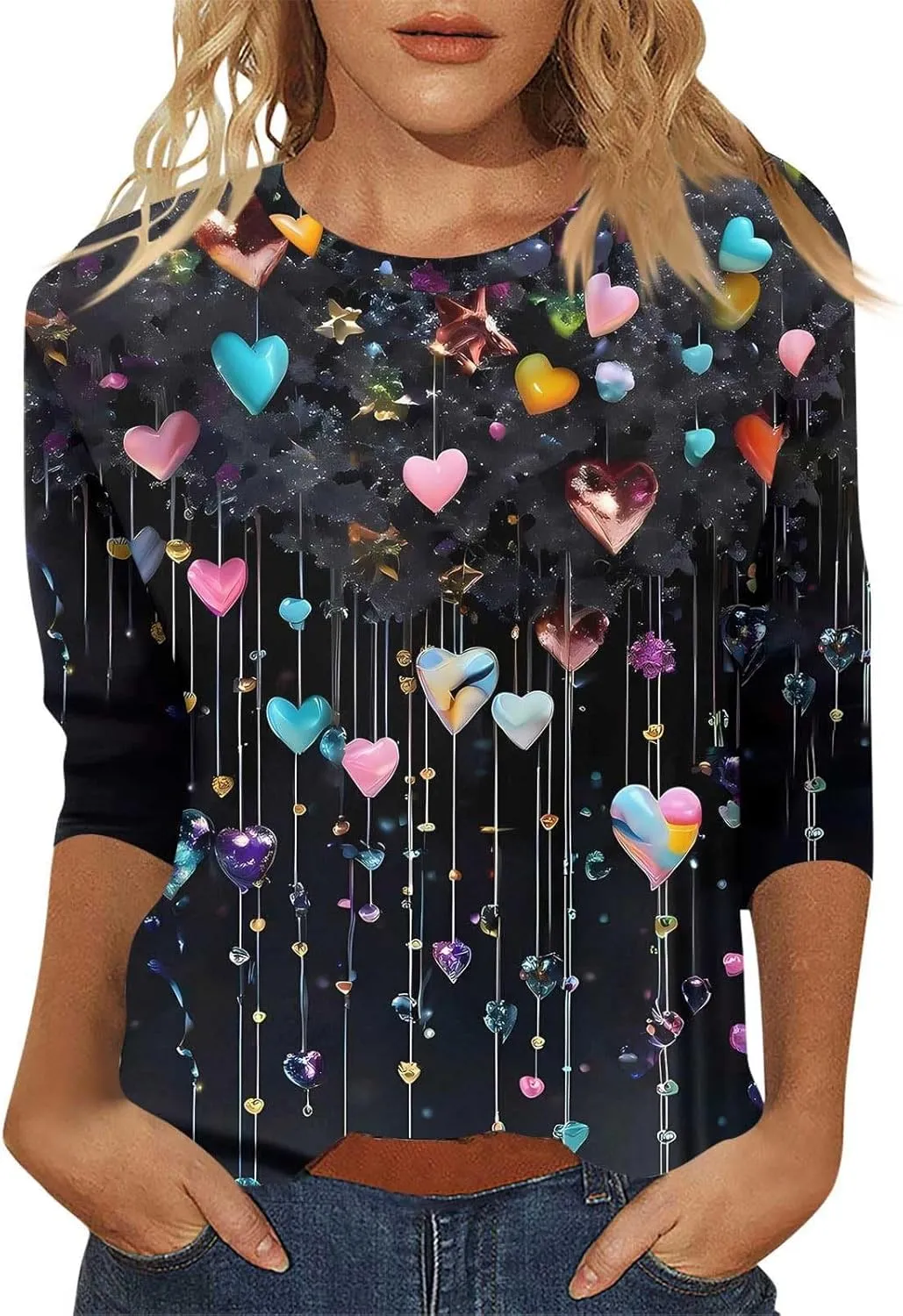 Womens 3/4 Sleeve Tops Casual Boat Neck Cute T-Shirts Loose Fit Pink Floral Print