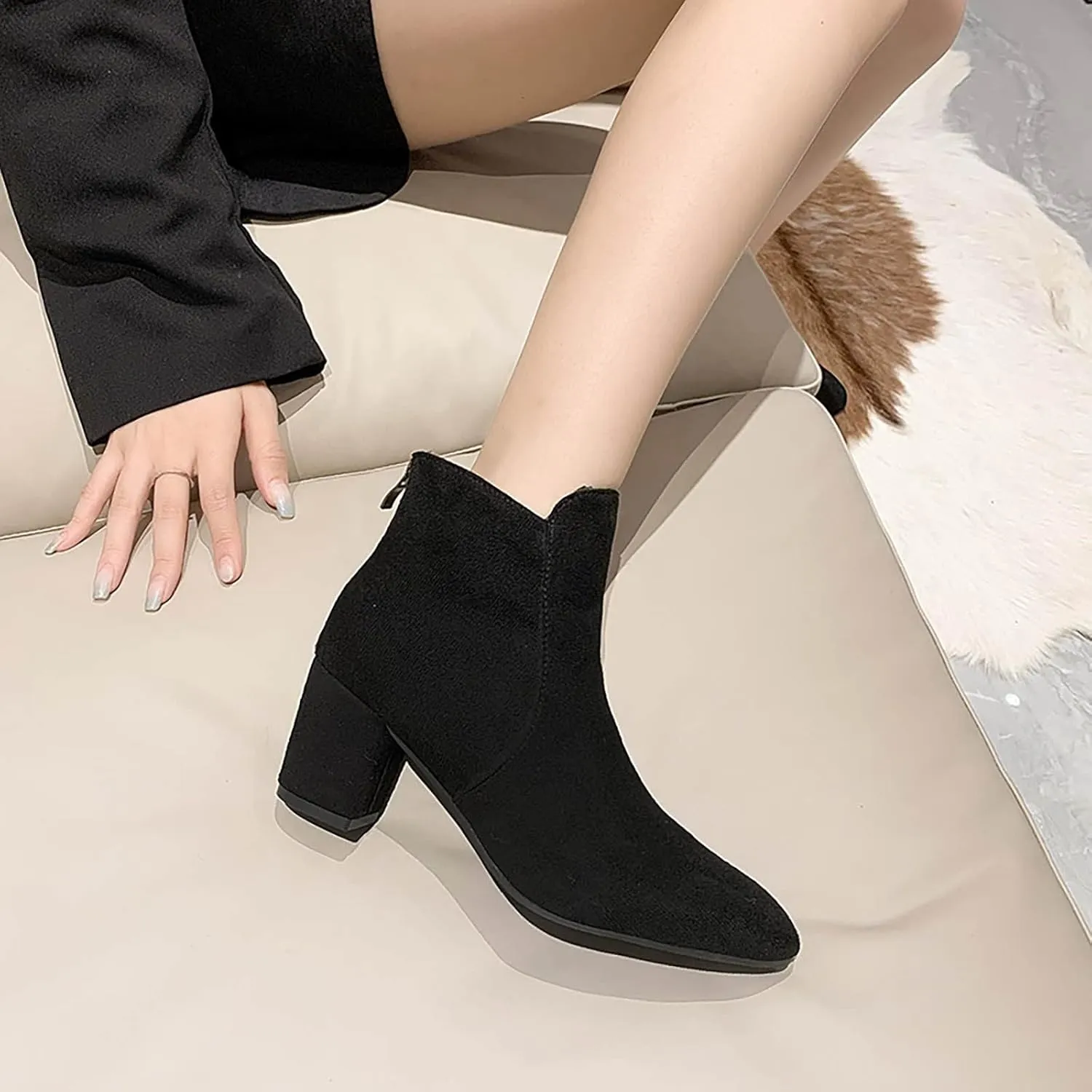 Women's Ankle Boots & Booties Black Dress Booties for Women Womens Work Boots Black Boot Heels for Women Keep Warm Flat Bottom Slip on Pointed Toe Leather Casual