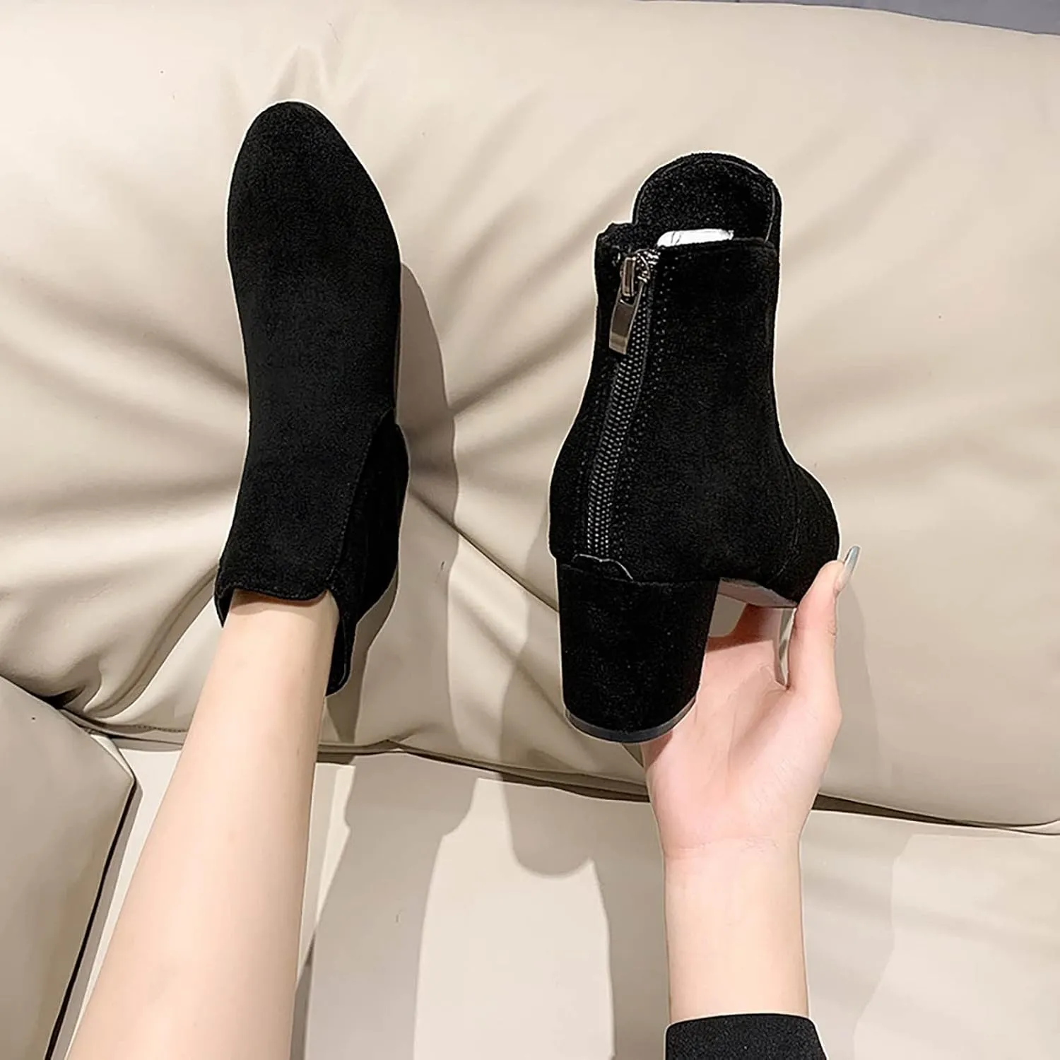 Women's Ankle Boots & Booties Black Dress Booties for Women Womens Work Boots Black Boot Heels for Women Keep Warm Flat Bottom Slip on Pointed Toe Leather Casual