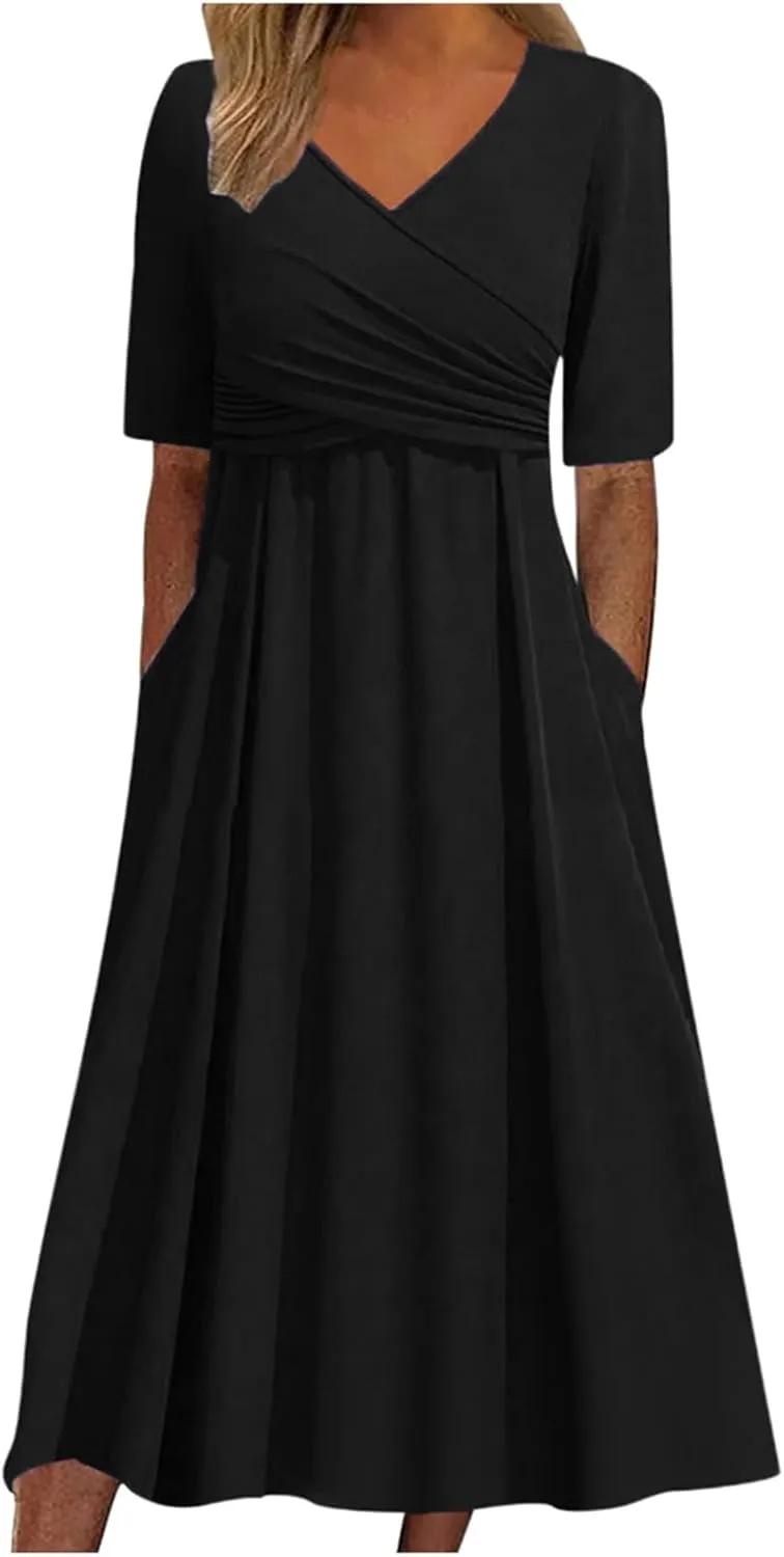 Women's Boho Floral Flowy A Line Midi Dress Casual Loose Summer Short Sleeve Beach Vacation Dresses with Pockets, Small, Zd-black