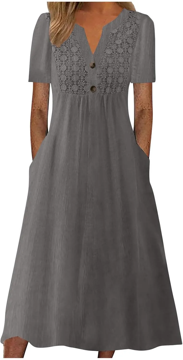 Women's Boho Floral Flowy A Line Midi Dress Casual Loose Summer Short Sleeve Beach Vacation Dresses with Pockets, X-Large, Zc-grey