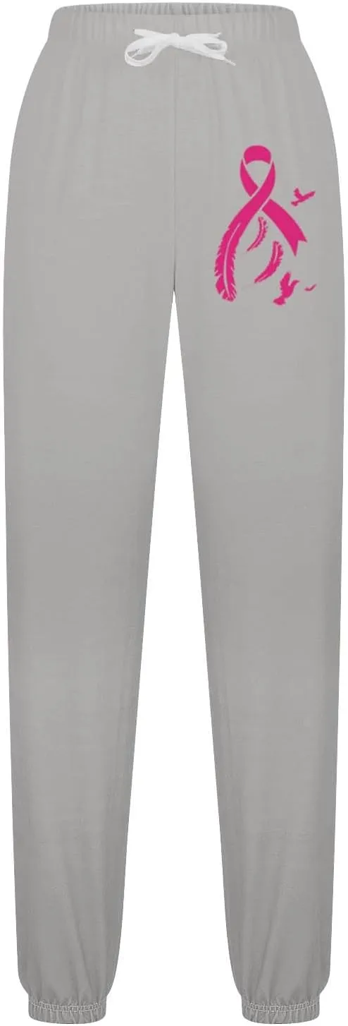 Womens Breast Cancer Awareness Sweatpants Pink Ribbon Print High Wasited Trousers Baggy Workout Active Jogger Pants