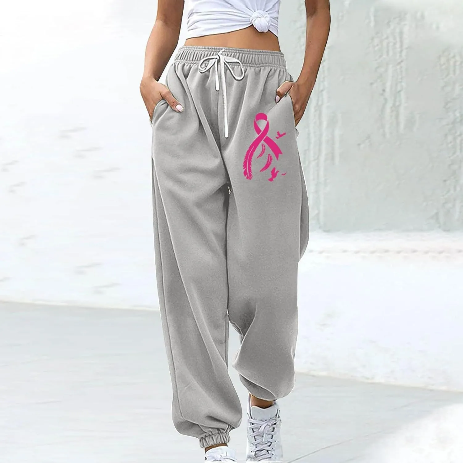 Womens Breast Cancer Awareness Sweatpants Pink Ribbon Print High Wasited Trousers Baggy Workout Active Jogger Pants