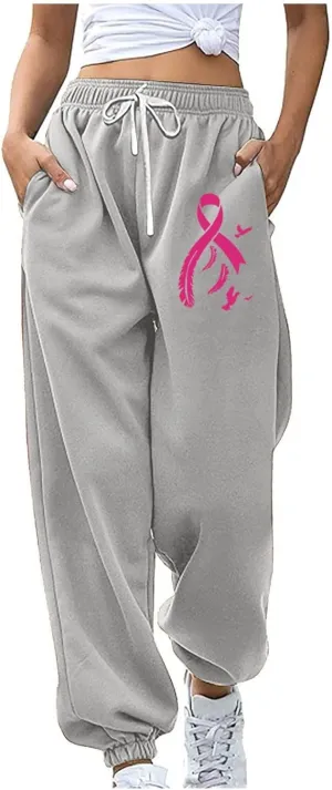 Womens Breast Cancer Awareness Sweatpants Pink Ribbon Print High Wasited Trousers Baggy Workout Active Jogger Pants